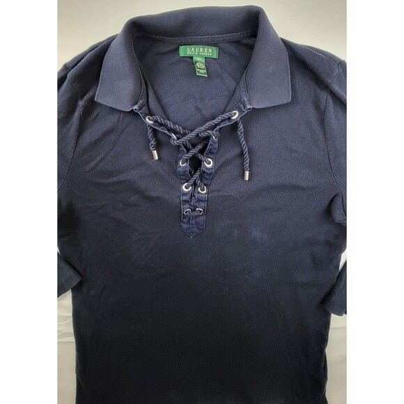 Vtg Lauren Ralph Lauren Womens Ribbed Navy Blue Polo Shirt Lace Up Front Size XL - Picture 2 of 6